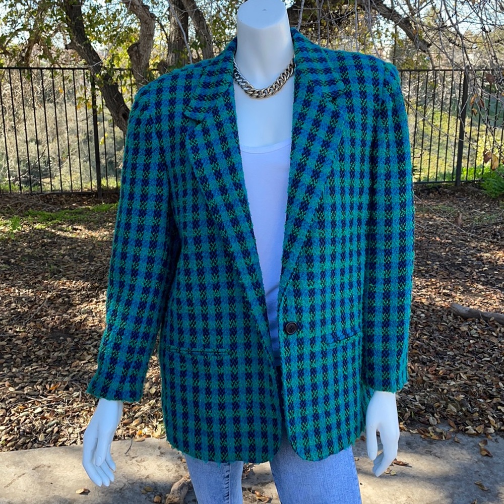 Fundamental Things Petites Vintage Teal Plaid Houndstooth Blazer Size 12